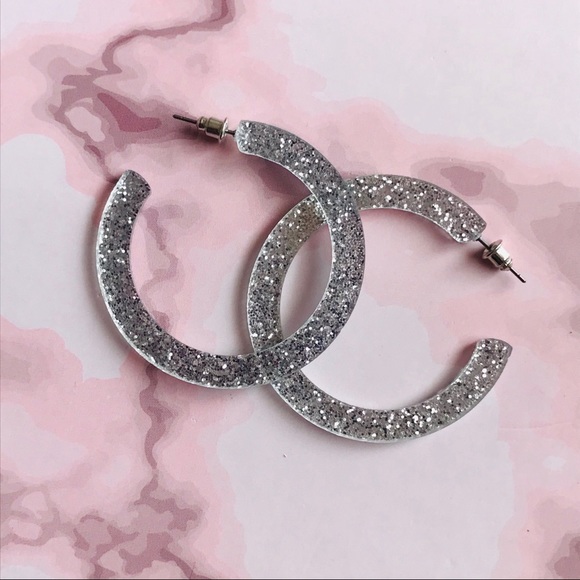 Silver Fun Plastic Glitter Hoop Earrings - Picture 3 of 7